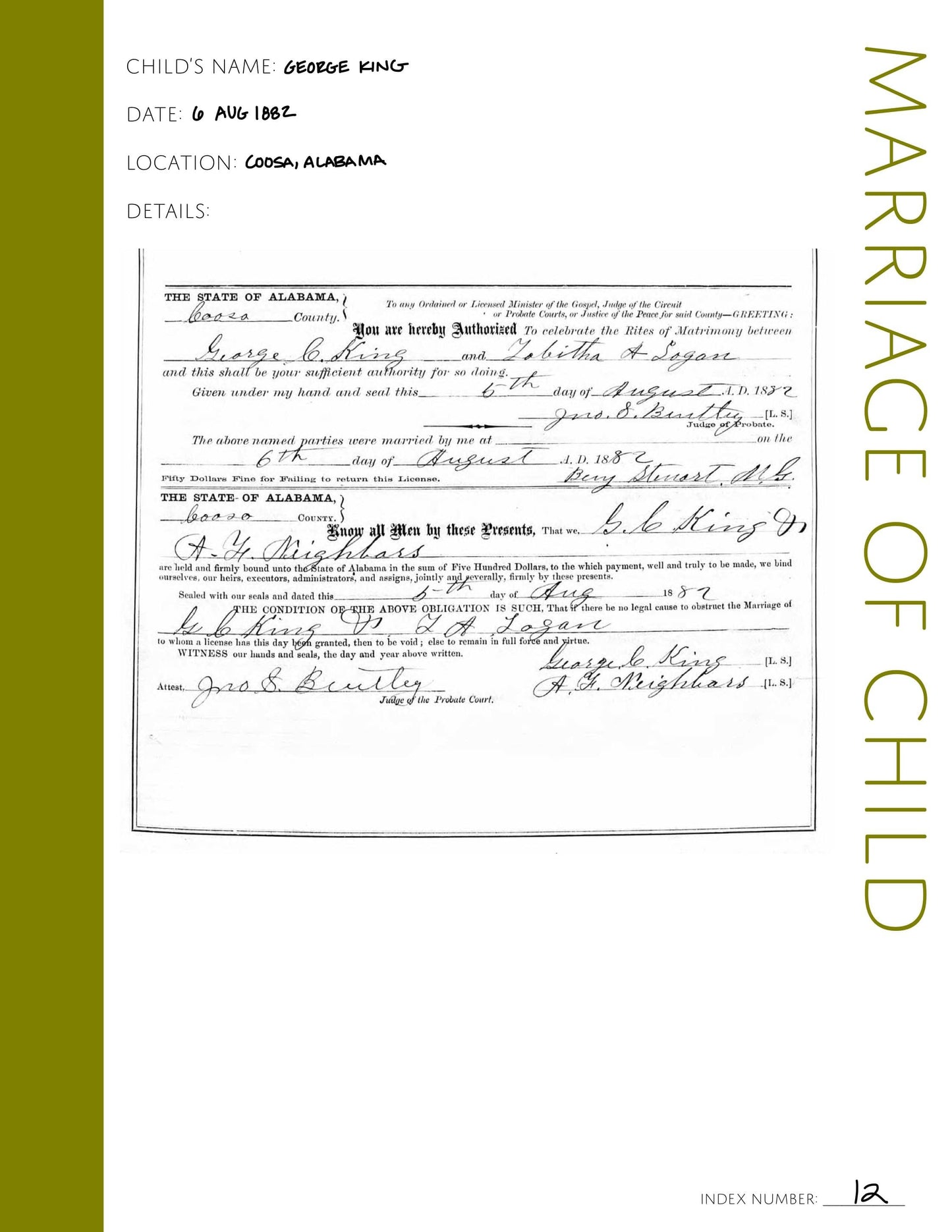 Marriage of Child: Printable Genealogy Form (Digital Download)