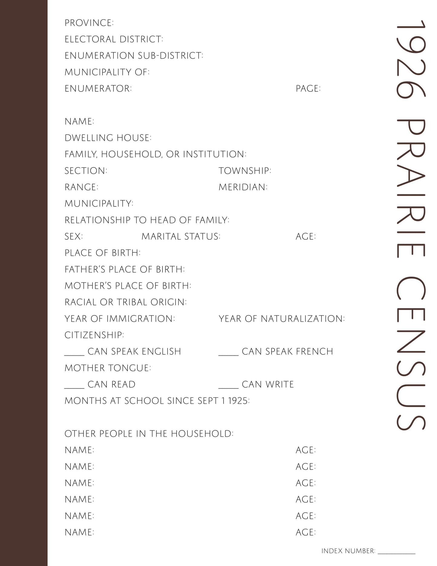 1926 Prairie Census: Printable Genealogy Form for Canada (Digital Download)