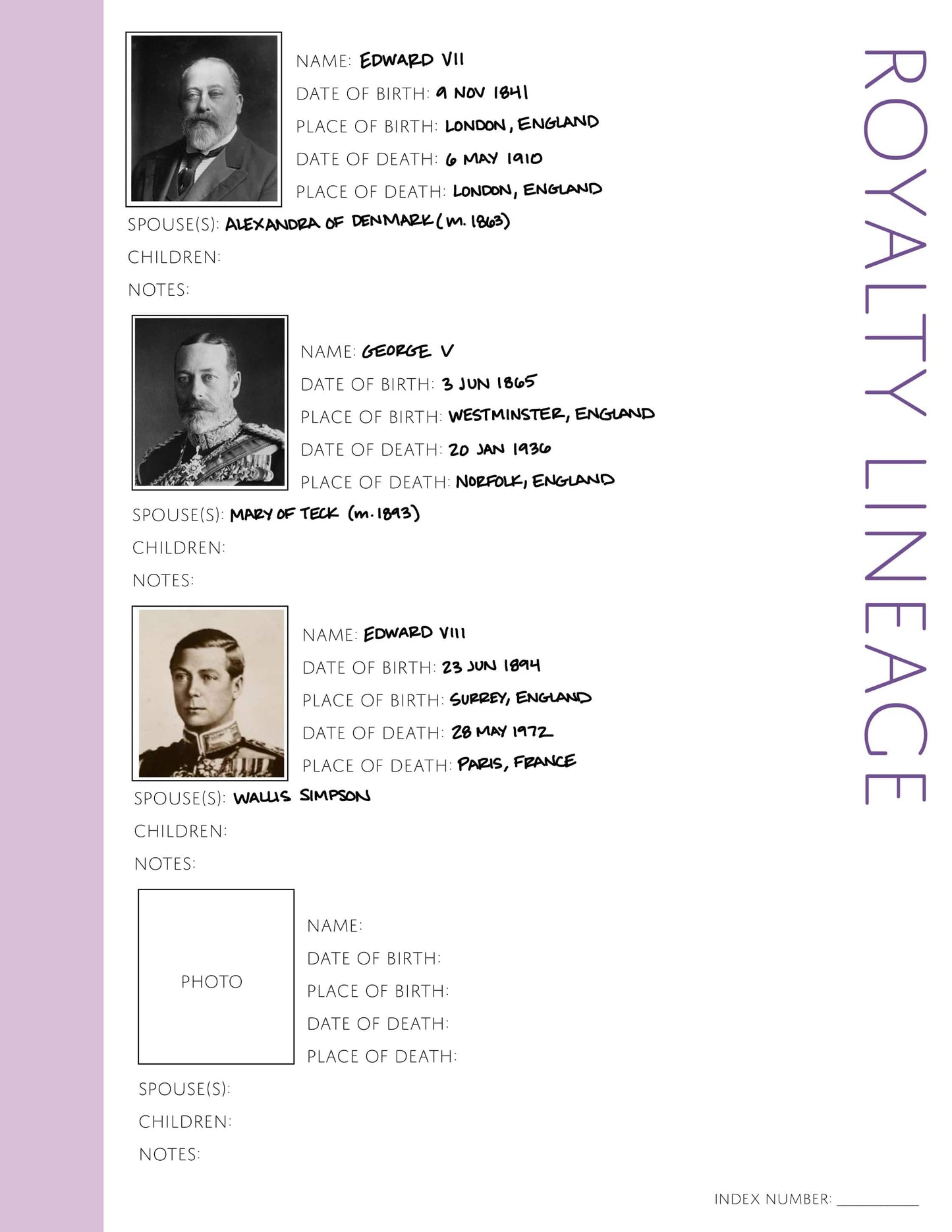 Royalty Lineage Photo Page: Printable Genealogy Form (Digital Download)