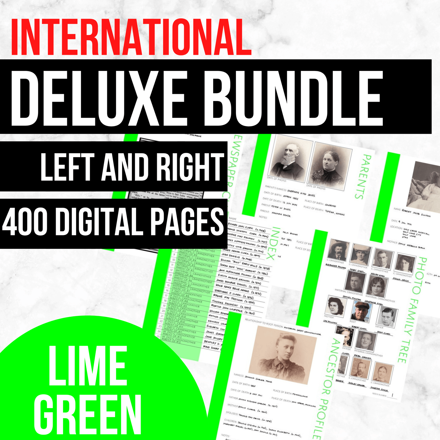 International Deluxe Family History Bundle - Lime Green (Digital Download) - Family Tree Notebooks