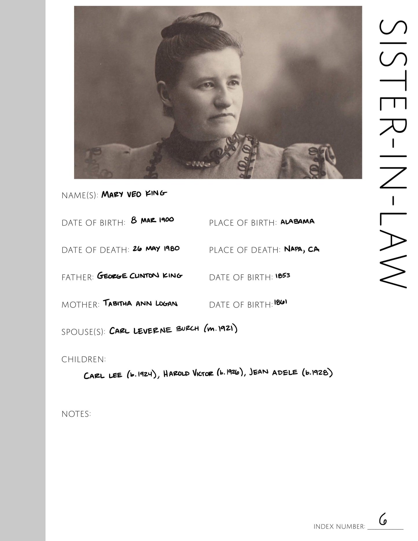 Sister-in-Law: Printable Genealogy Form (Digital Download)